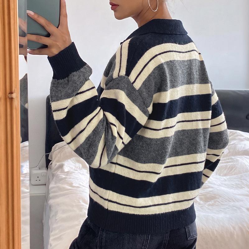 2026 Autumn/Winter Women's Color Block Striped Knit Sweater - Casual, Loose Fit with Lapel