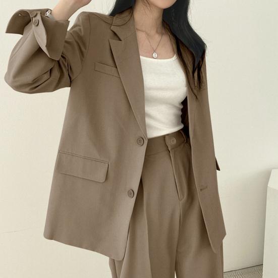 Women Spring Autumn Suit Coat Lapel Long Sleeve Flap Pockets Solid Color Loose Fit Casual Blazer Workwear