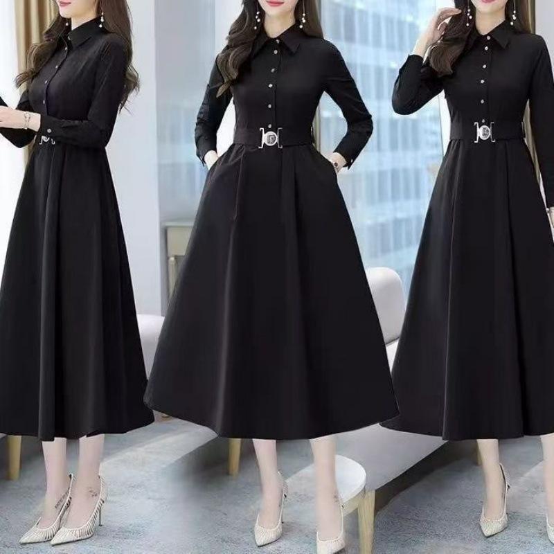 Dignified Solid Color Polo Collar A-line Dress - Women's Long Sleeve, Waist-Cinched Mother's Wear for Spring & Autumn