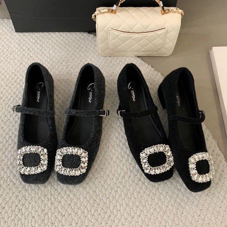 Rhinestone Velvet New Women'S Fashion Versatile Thick Heel Single Shoes Warm Spring Skirt Mary Jane High Heels