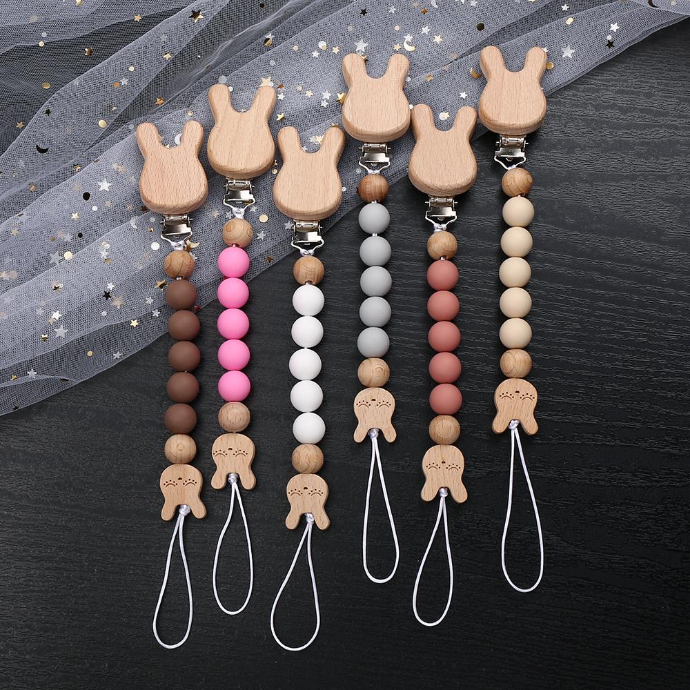 Cartoon Animal Beech Wooden Pacifier Baby Pacifier Clip Nipple Holder Dummy Holder Pacifier Clip for Baby Newborn Toys Accessory