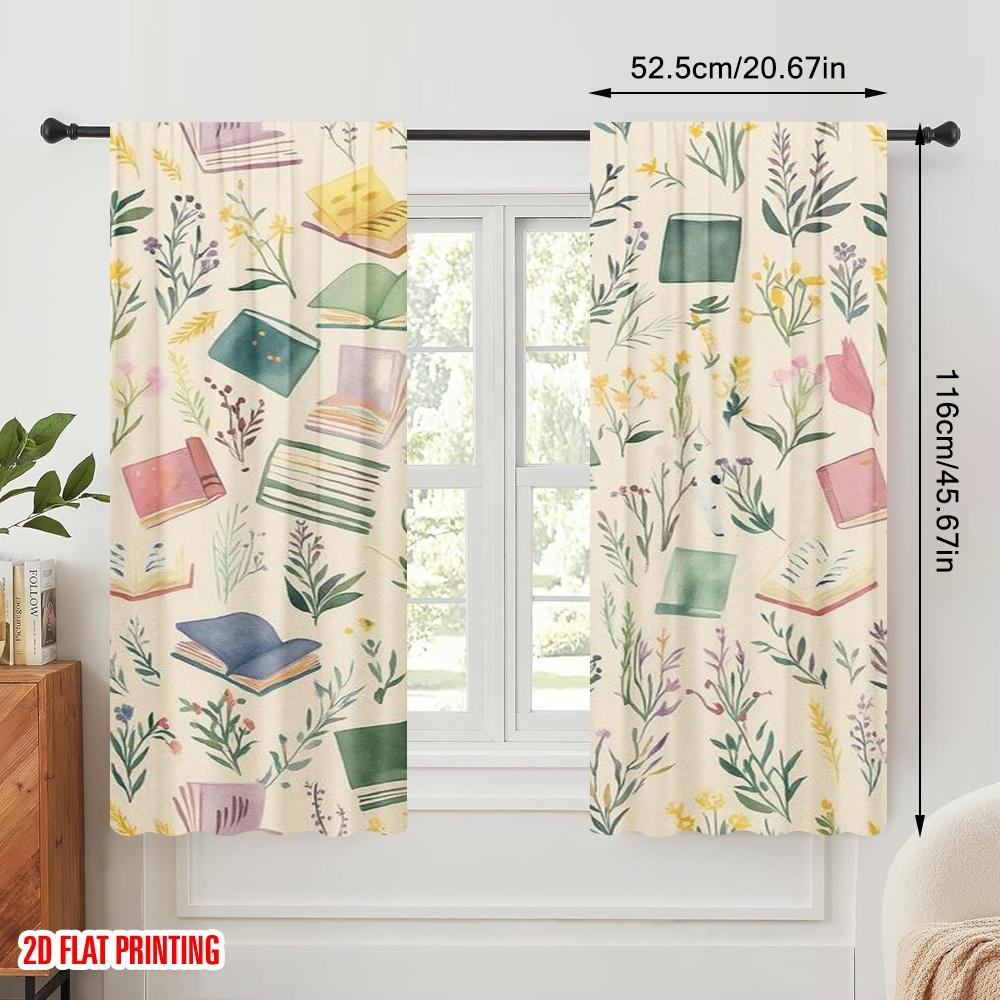 2Pcs,2D Plane Printing Pattern Curtains Literary Garden Polyester Fabric (Without Rod) Home Decor Use For Living Room & Bedroom