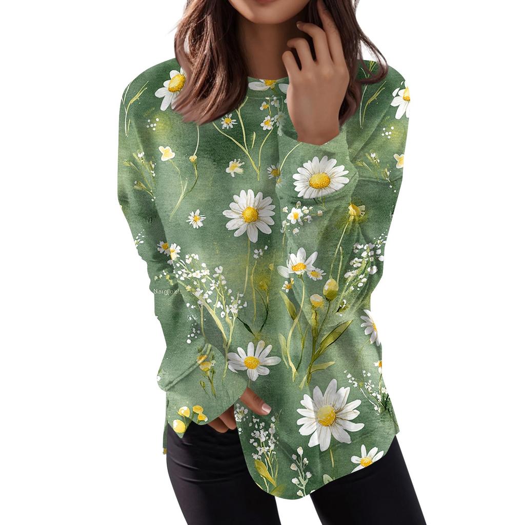 Women's Round Neck Tops Cotton Women's Casual Fashion Print  Long Sleeve O-Neck Pullover Top Blouse