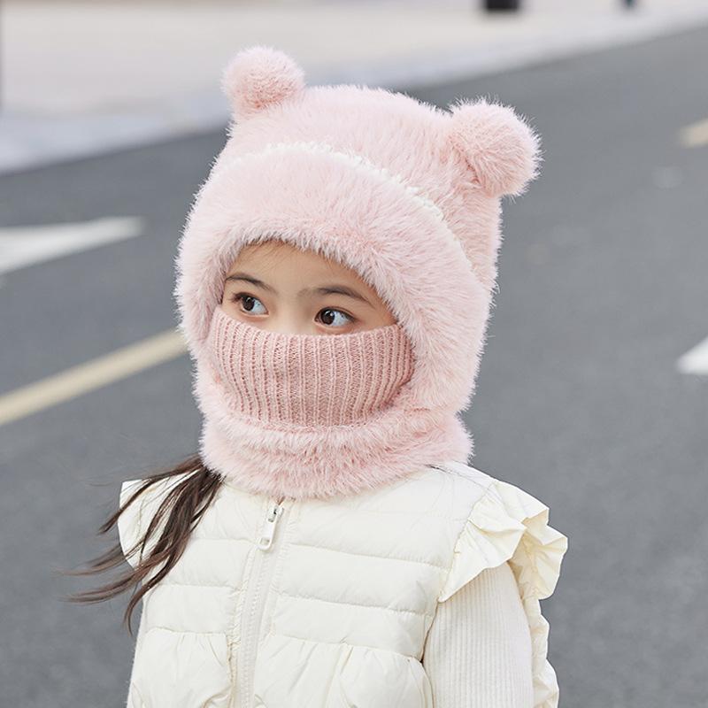 Children's hats winter cute plush scarf mask integrated hat warm windproof ear protection muff knitted wool hat