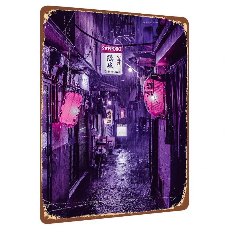 Neon Rainy Night Japanese Street View Metal Wall Art Vintage Tokyo Izakaya Lantern Decor for Restaurant Bar 20x30cm(7.8x11.8inch)