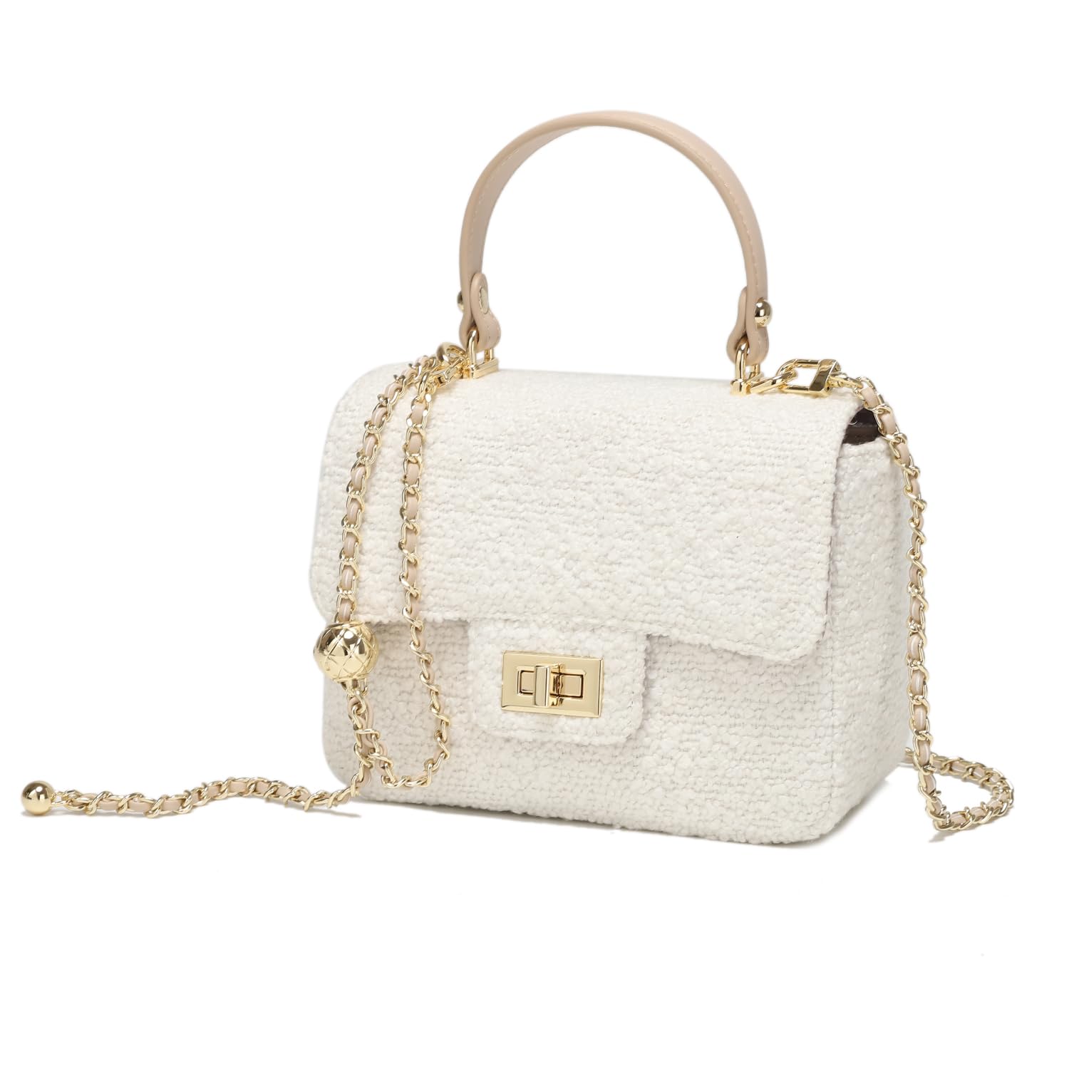 

Horn 2way Tweed Bag with Genuine Leather Handle Chain for Women Shoulder Bag Handbag Imai Bag [La Closet] 99-3011 99-3011 (White) білий