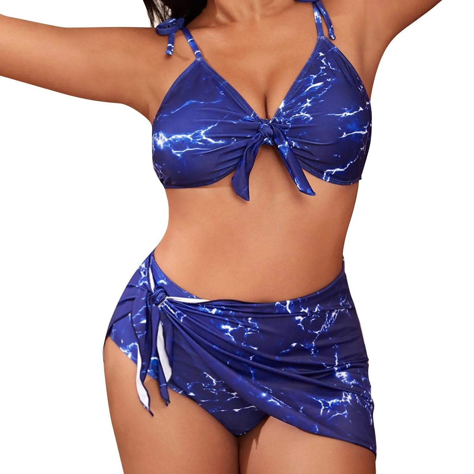 

Женские купальные костюмы, комплект бикини с кольцом на шее и прикрытой юбкой, купальник для женщин, шорты XXXXL синий