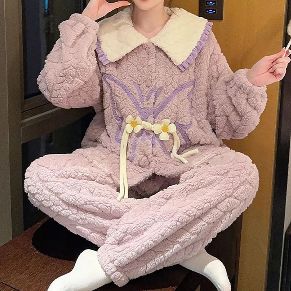 Winter Women's Warm Pajamas Set, Coral Velvet Pajamas, Flannel Thickened Cartoon Pajamas, Oversized Home Clothes, Oversized Pajamas