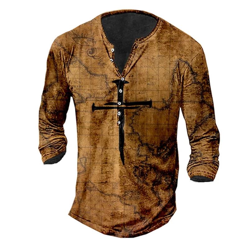 Evropské a americké slim fit plus size tičko bez límečku s potiskem, ležérní s dlouhým rukávem