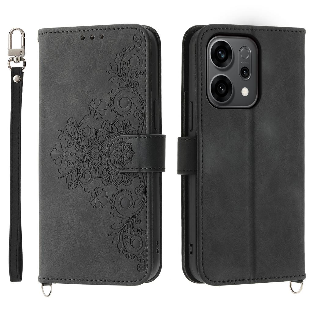 For Oppo Reno14 5G (Global) Case Flower Pattern PU Leather Wallet Phone Cover with Strap