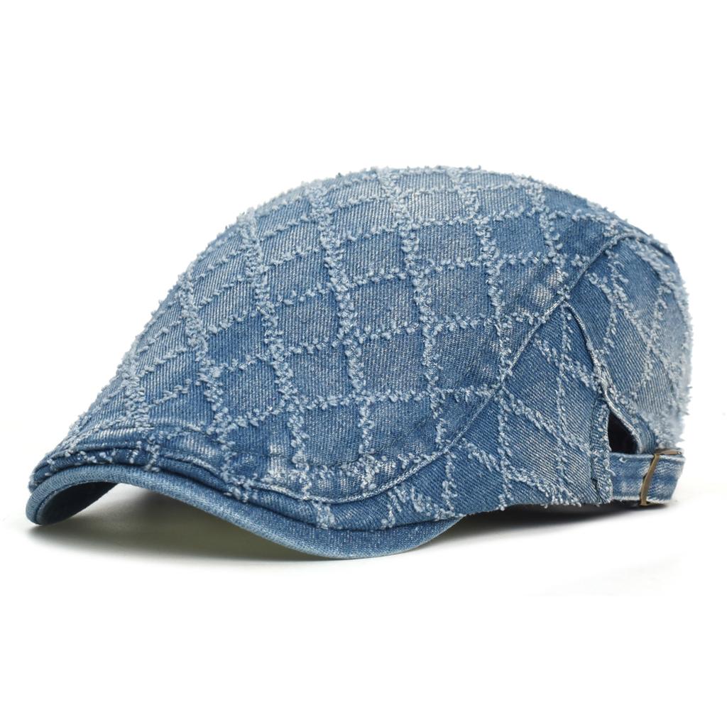 Denim Lattice Beret Hat Washed Distressed Peaked Cap Adjustable Cotton Newsboy Cap Vintage Ivy Gatsby Cabbie Hats Flat Cap