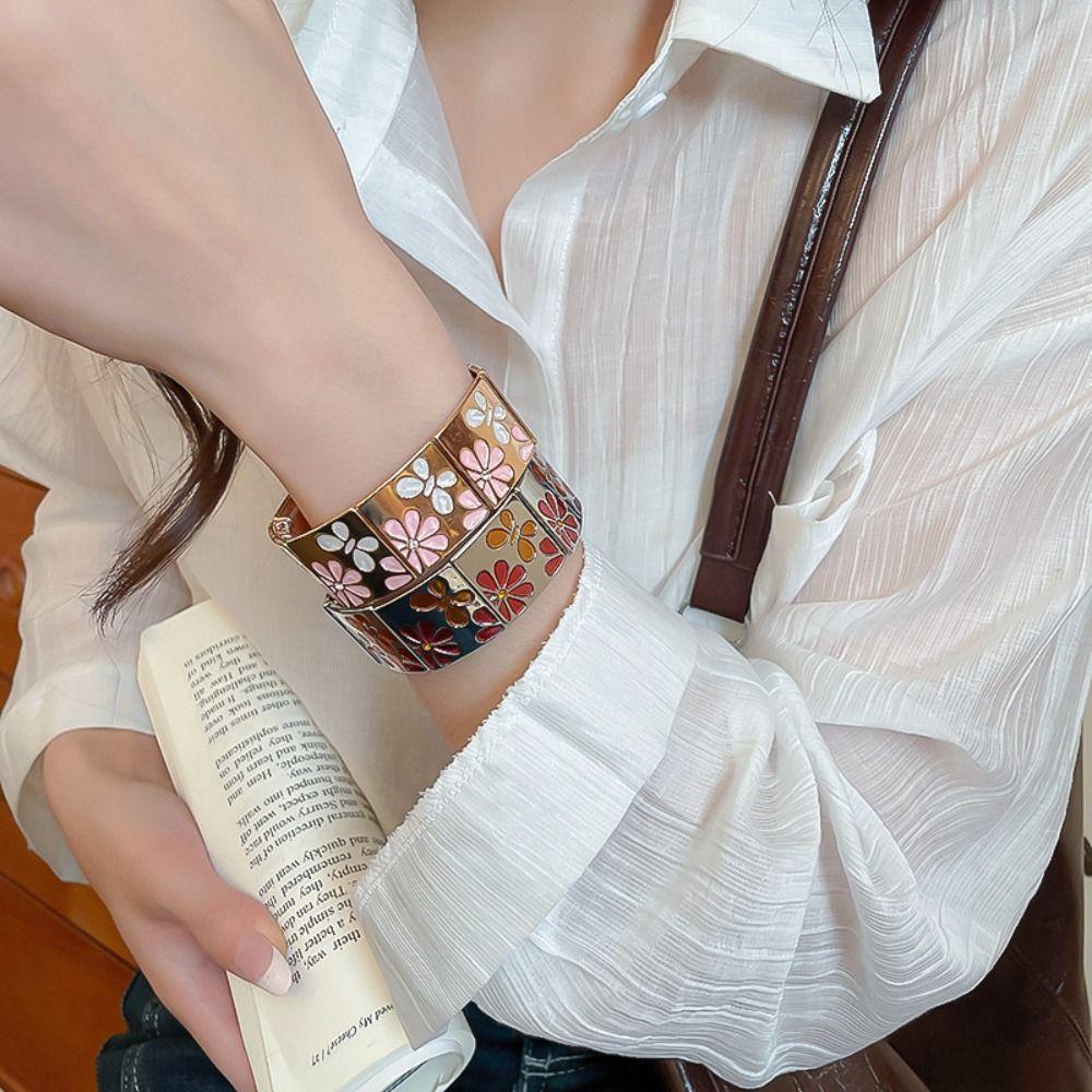 Metal Drip Oil Flower Bracelet Silver Elastic Bangles Geometric Square Bangle Decoration