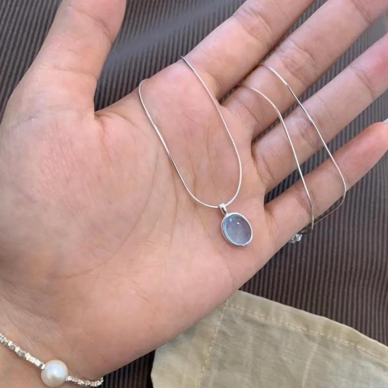 Sea Blue Stone Women Necklace Light Luxury Oval Aquamarine Pendant Collar Chain Moonlight Stone Fashion Jewelry