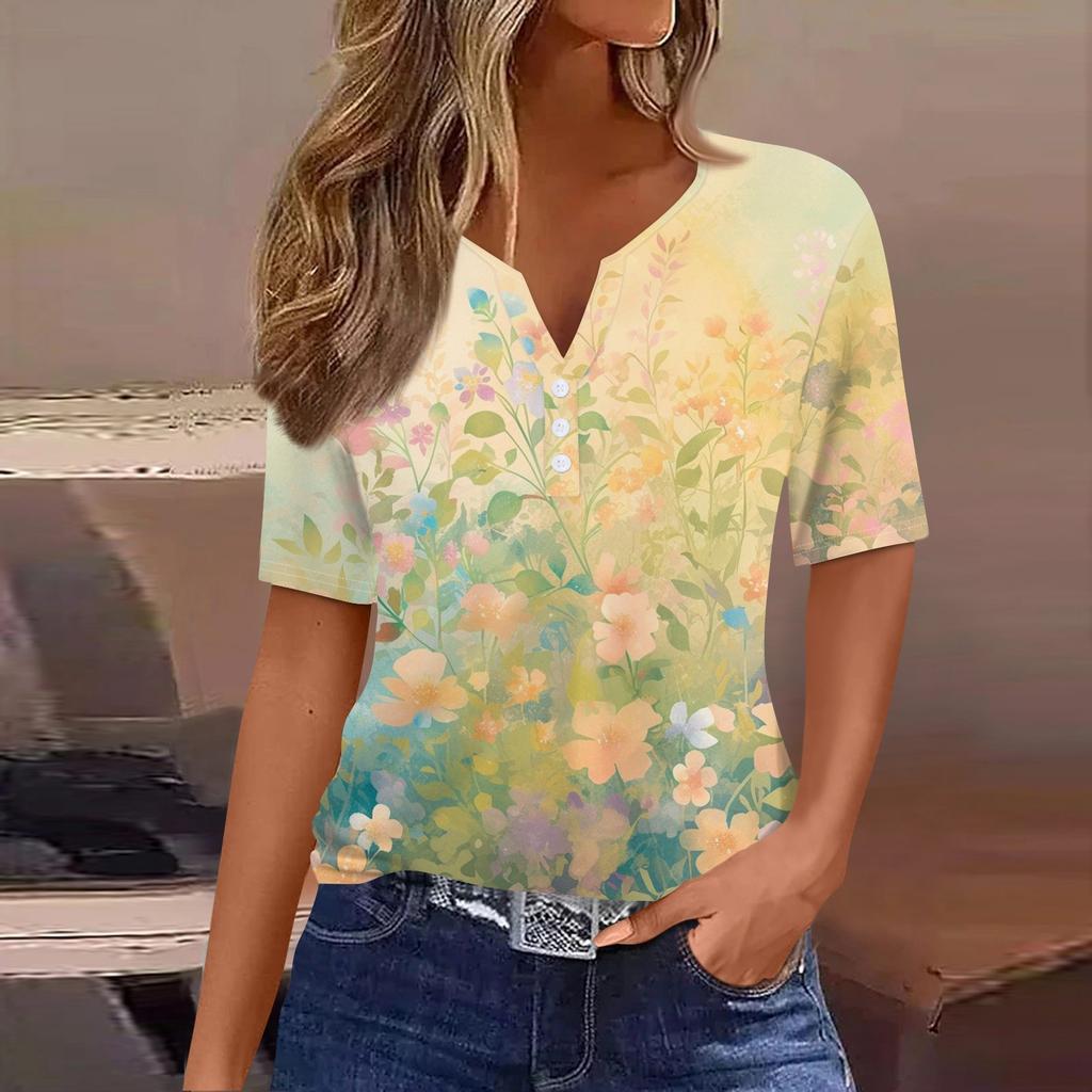 Women's T Shirt Print Button Short Sleeve Daily Weekend Fashion Basic V-Neck Regular Top