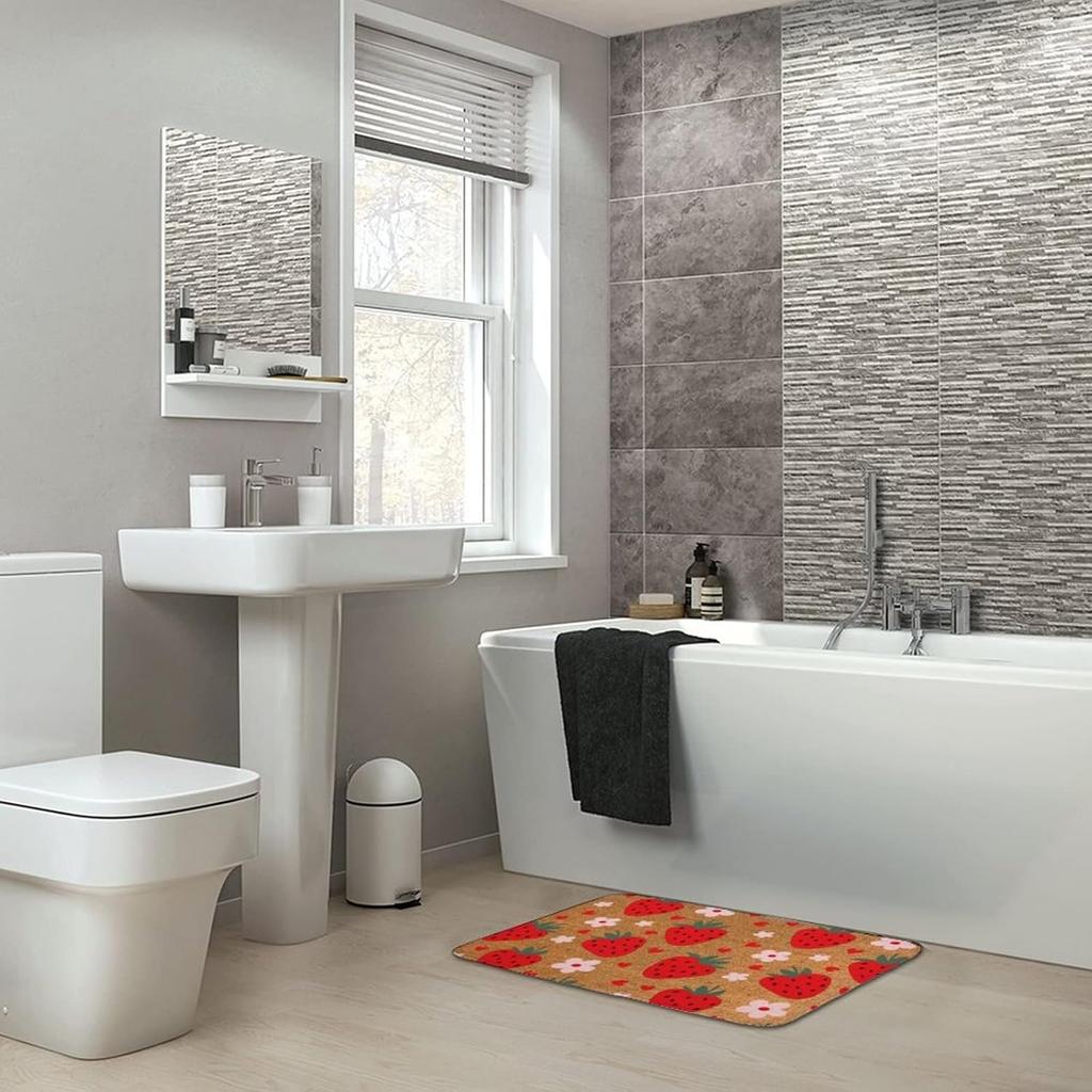 Strawberry Hearts Doormat, Floral Spring Summer Welcome Mat, Indoor Front Back Door Mat, Coral Velvet Rug 16"x24"