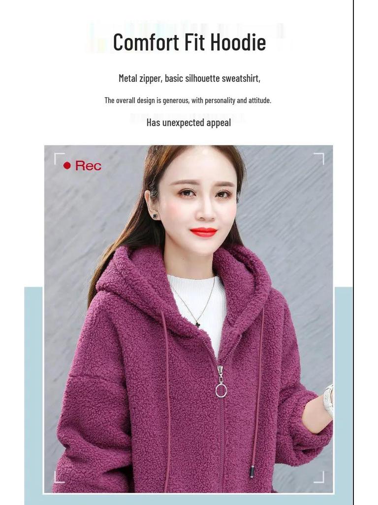 Damen Lammwoll-Sweatshirt - Plus Samt, Verdickte Reißverschluss-Strickjacke, Lockere Passform, Koreanischer Stil, Herbst/Winter 2022