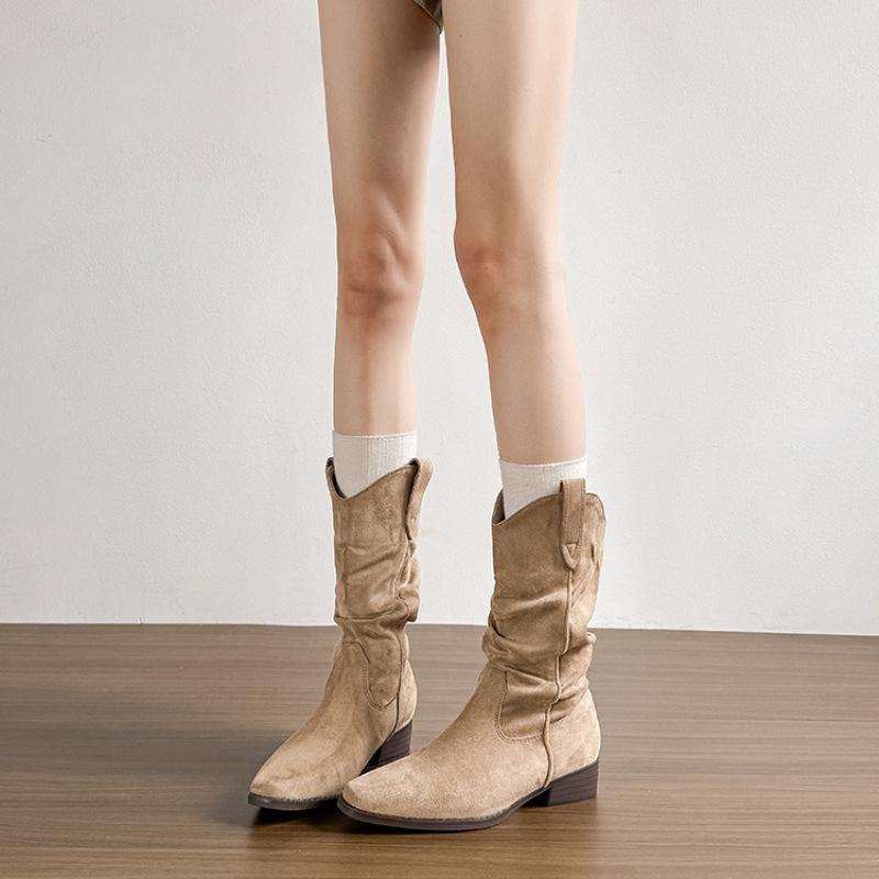 Höhenverlängernde Maillard Stiefeletten Damen 2025 Herbst neue Western-Cowboystiefel modisch vielseitig spitz plissiert geraffte Stiefel