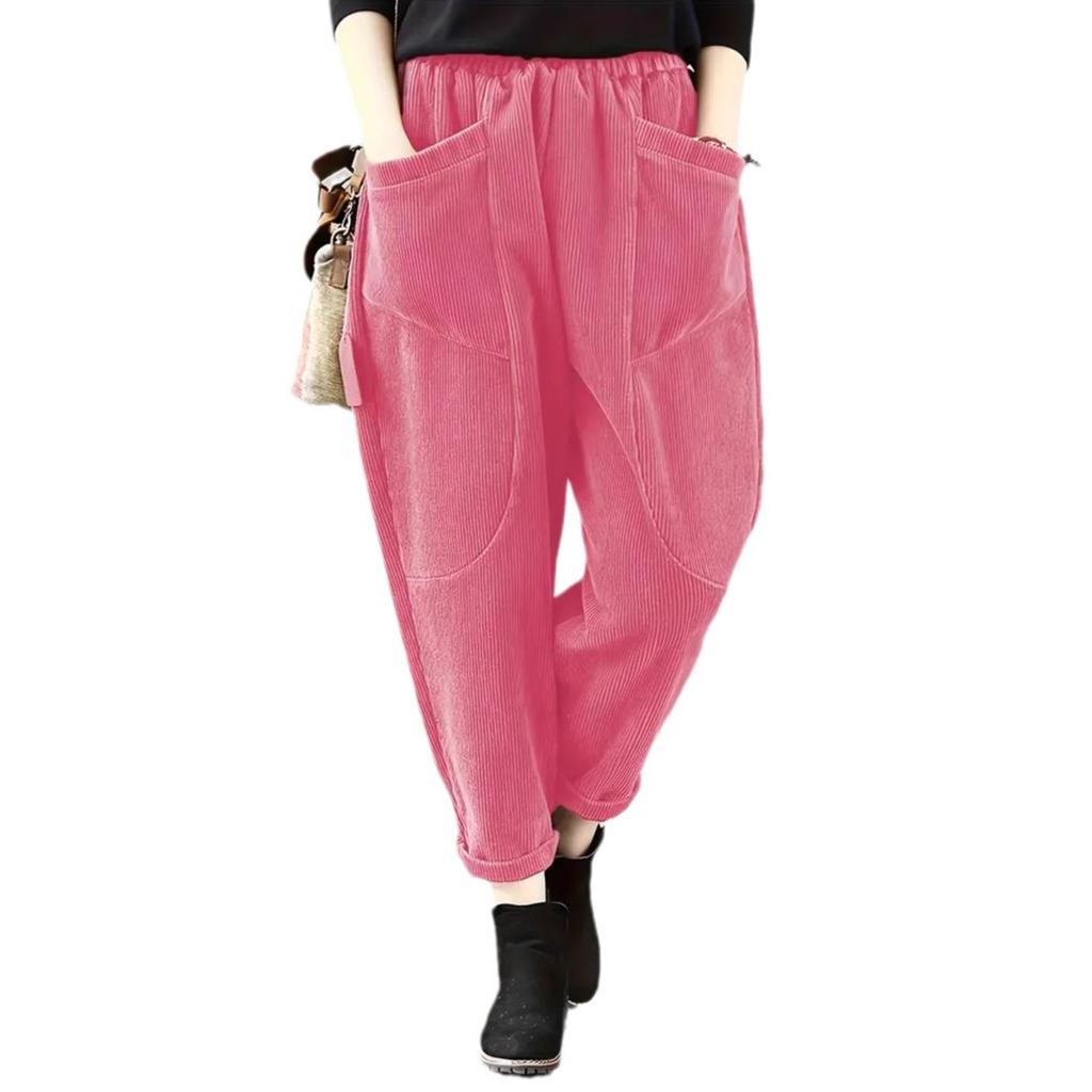 Single-layer Corduroy Harem Pants for Spring and Summer, Solid-coloured Literary and Retro Women's Loose-fitting Pocket Casual Trousers