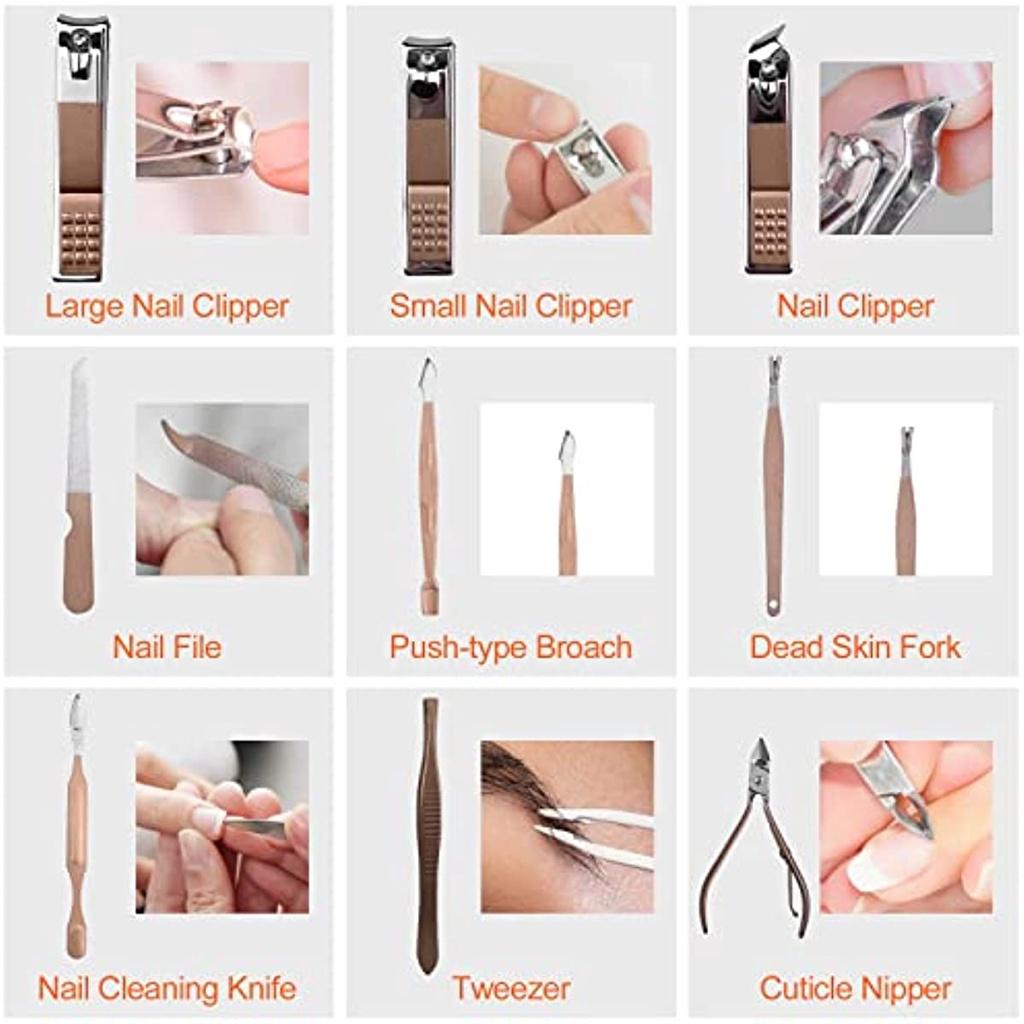 Nagelverbesserungsset aus Edelstahl in Roségold, 18-teiliges Nagelverbesserungs- und Fußreparaturset, professionelles Nagelmesser mit Lederetui