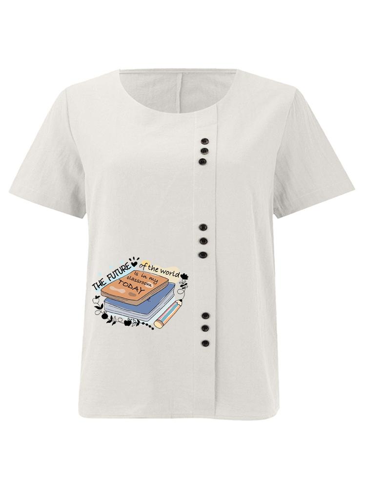 Women's Fashion Book Letter Pattern Print Round Neck Short Sleeve T-shirt Casual Cotton Linen Graphic Shirt Leisure Loose Summer Blouse Tops