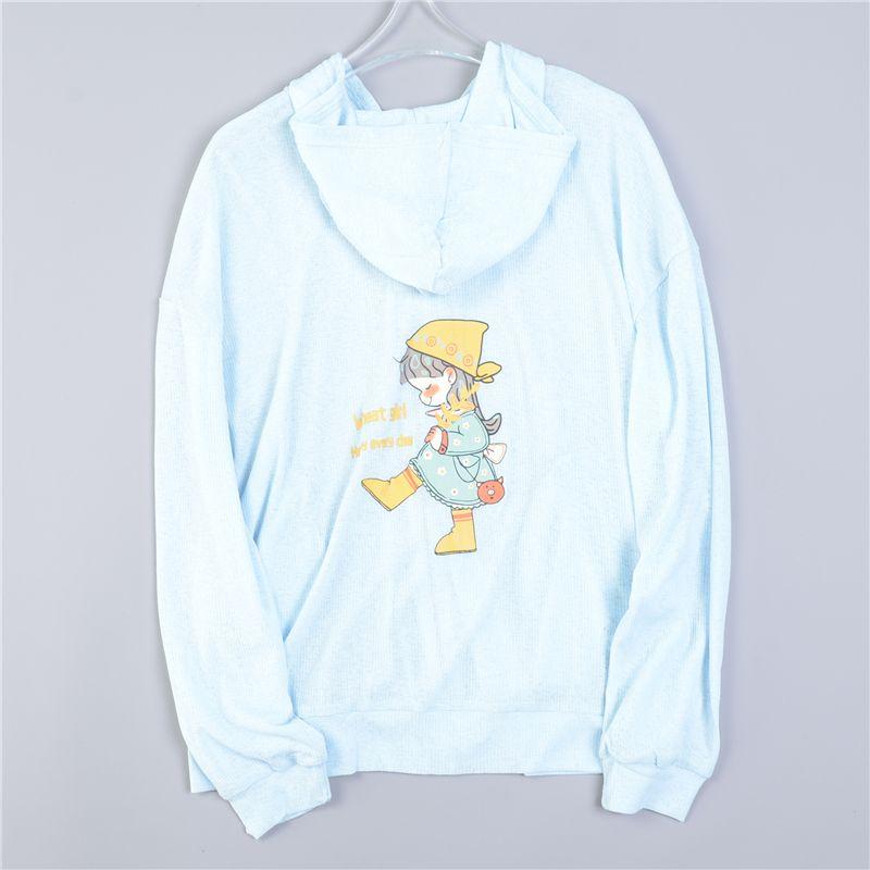 

216 Мультяшный принт Худи Тонкое пальто Женское 79012 Свободное Повседневное Солнцезащитная одежда Длинные рукава Кардиган на молнии Топы 2 Light Blue 2XL