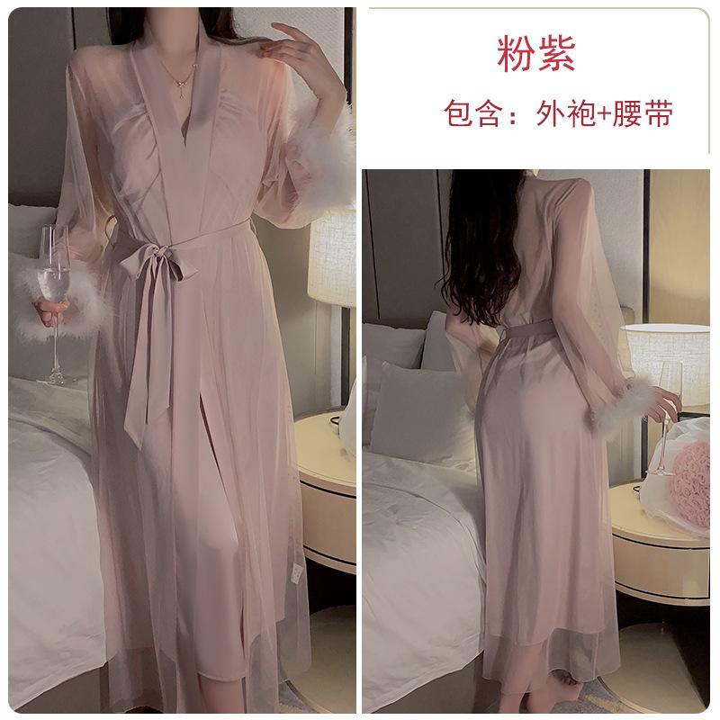

Satin neck strap long U-neck plus chest pad slim suspender nightdress robe loungewear set One size fits all