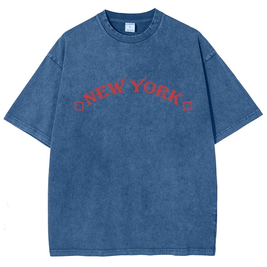 Red New York Letter Print Women's T-Shirt Unisex Washed Cotton High Quality Short Sleeve Statement Top