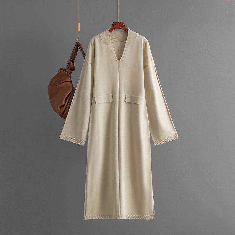 Autumn and Winter New Collar Solid Color Casual Loose Knitted Dress Split Fork Long Sleeve Large Size Long Skirt