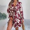 Otoño Invierno Mujer Encaje Estampado Cintura Alta Manga Larga Vestido Plisado Moda Elegante