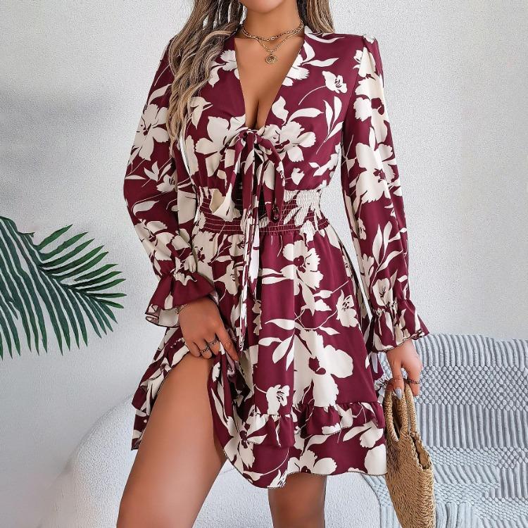 Autumn Winter Women Lace Up Print High Waist Long Sleeve Pleated Dress Elegant Fashion