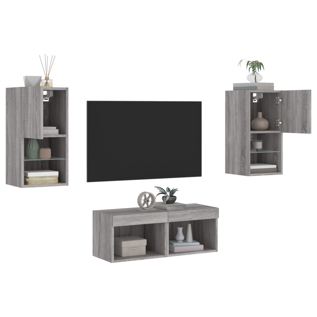 4 Piece TV Wall Unit with LED Lights Grey Sonoma