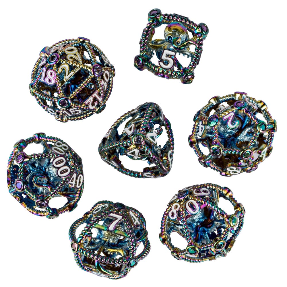 Cusdie DND Holle Metalen Dobbelstenen Set Diamant Octopus D&D Dobbelstenen 7 D4-D20 Polyhedrische Dobbelstenen voor Rollenspel Pathfinder Bordspellen