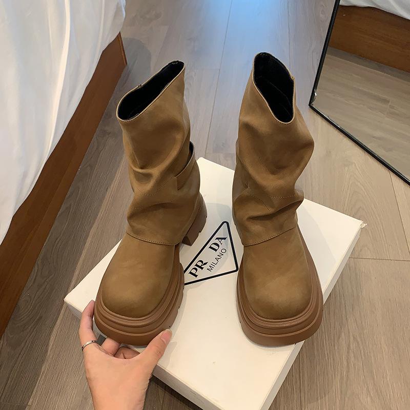 Soft Leather Version~ Trouser Boots Women's 2025 Early Autumn New Fashion Popular Foreign Style Retro Thick Heel Fried Street Locomotive Boots