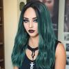 Womens Medium Part Long Wavy Wig Green Gradient Highlight Synthetic Full Fashionable Heat Resistant Any Face Shape