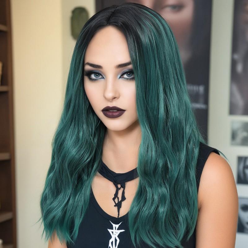 Womens Medium Part Long Wavy Wig Green Gradient Highlight Synthetic Full Fashionable Heat Resistant Any Face Shape