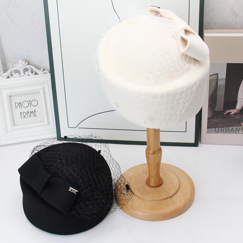 Vintage mesh beret women's wool woolen bow top hat French socialite elegant banquet photo hat tide