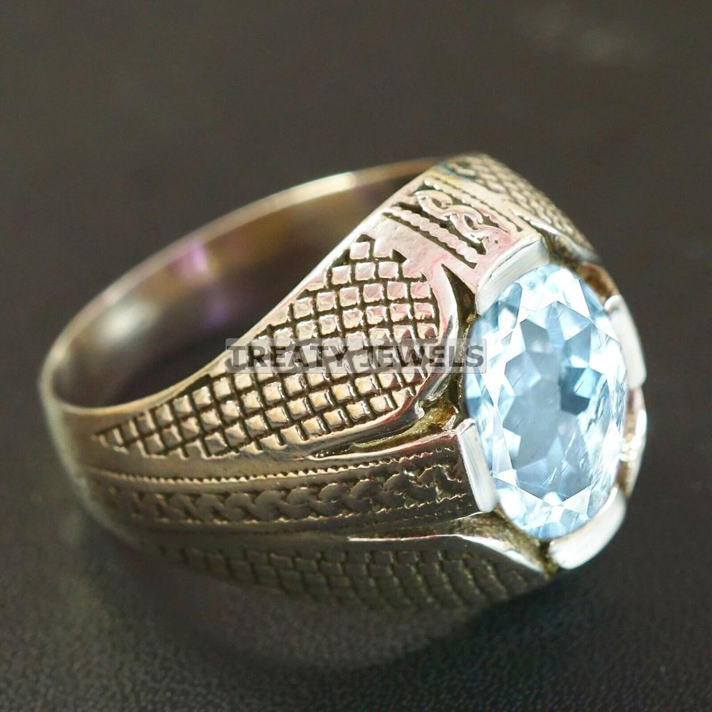 Aquamarine Oval Cut Gemstone With 925 Sterling Silver Ring For Men's #A734 JL375659034784