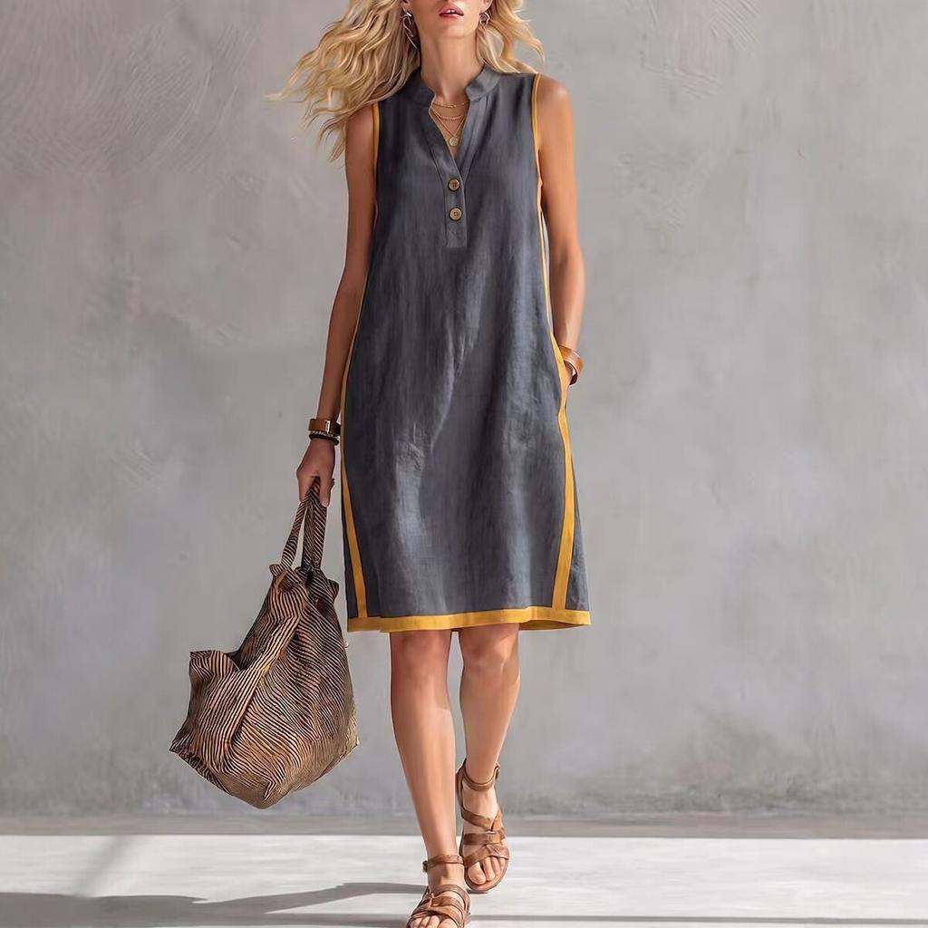 2026 new European and American style V-neck sleeveless cotton and linen dress summer loose casual temperament mid-skirt beach vacation