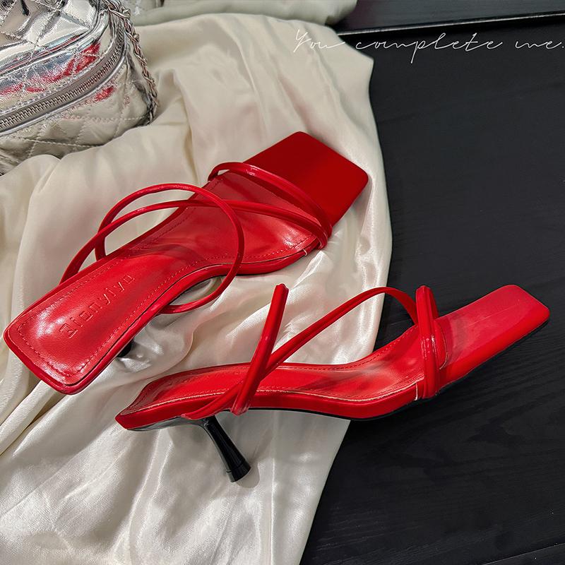 

Fashion Women s Slippers Square Toe High Heeled Shoes Elegant Designer Pumps 2025 New Trend Summer Slides Stilettos Femme Chaussures 39 красный