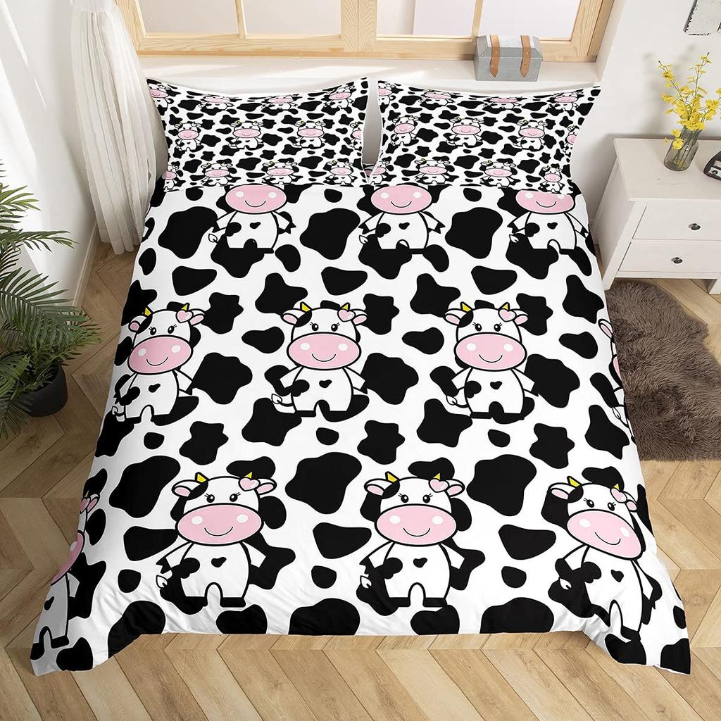 Cow Print Bedding Set King Size Kids Black White Duvet Cover Set Cartoon Milk Cow Comforter Cover Animal Farmhouse Quilt Cover