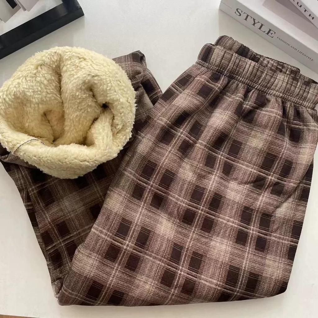 Women's Lambswool Plaid Fleece-Lined High-Waisted Loose Straight-Leg Wide-Leg Pants for Autumn/Winter 2025
