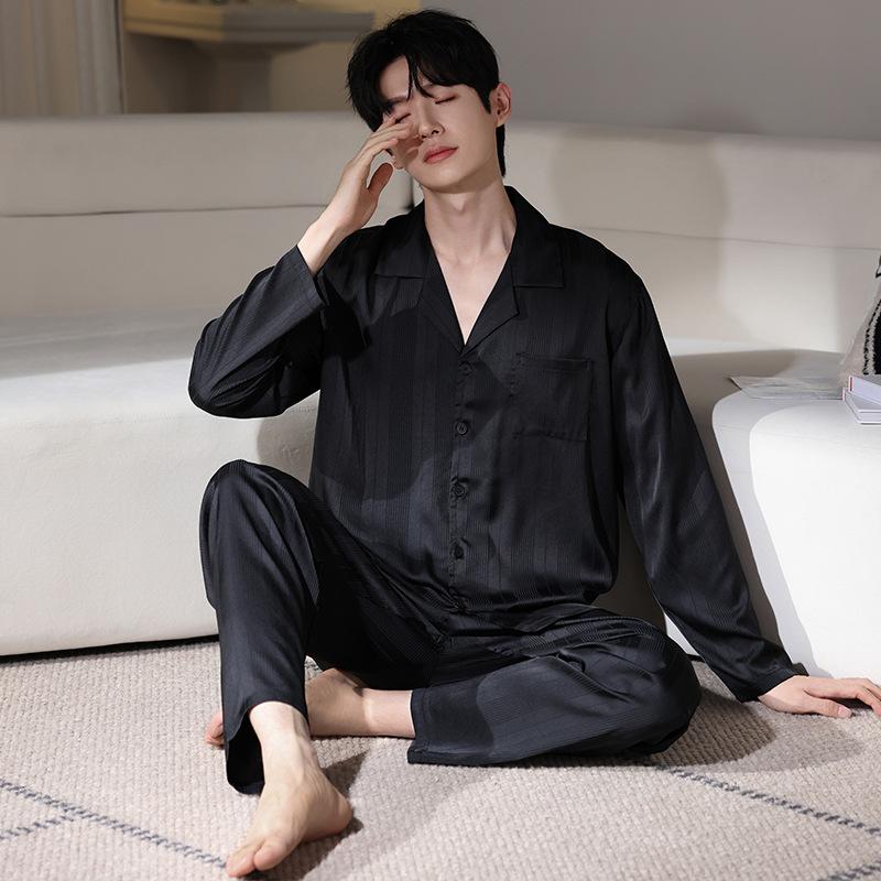Ice Silk Pajamas Men'S Spring And Autumn Silk Summer Loungewear Long-Sleeved Men'S Striped Autumn Four-Season Large-Size Suit