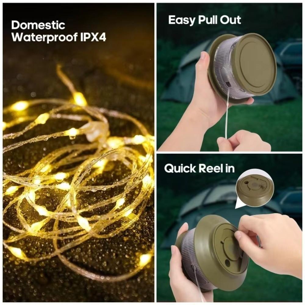 20M Length Camping Lights String 2 in 1 Design Storable Design Hanging Tent Light 5 Modes USB Rechargeable
