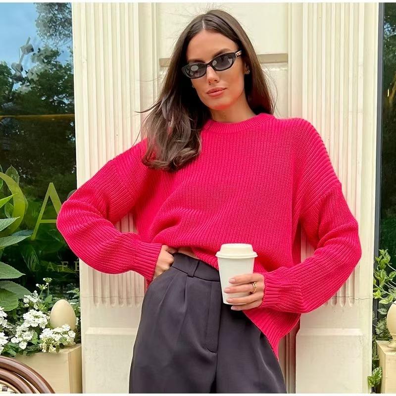 Herbst und Winter Damenpullover Strickpullover Rundhalsausschnitt Lose Einfarbig Langarmpullover