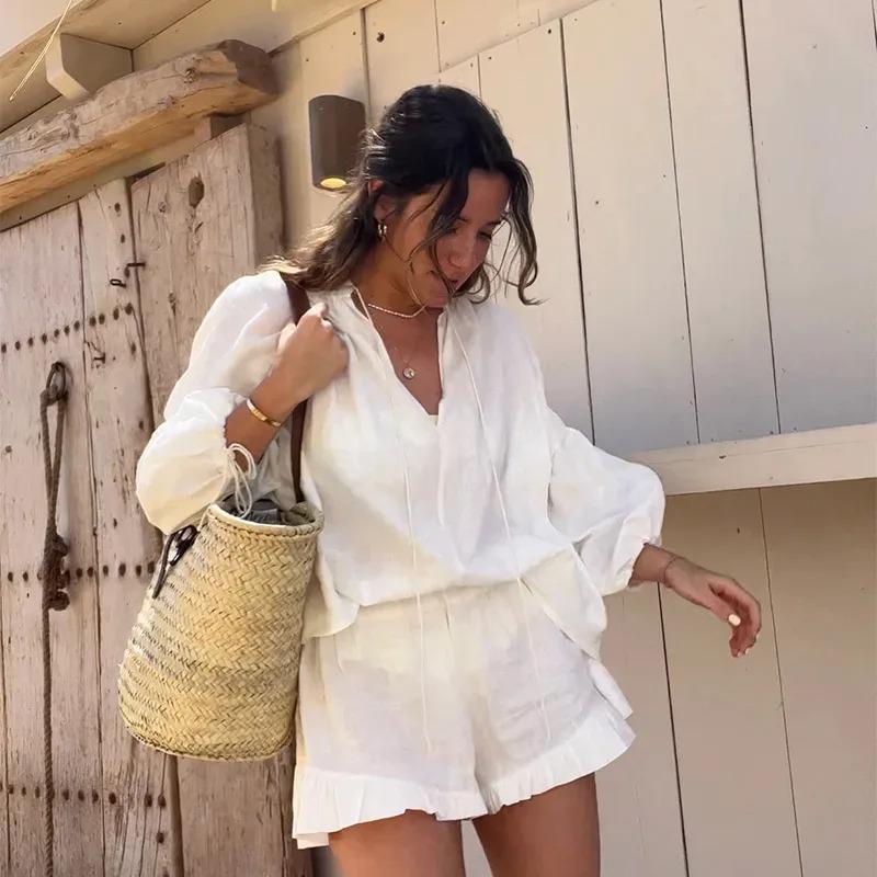 Women Casual Cotton Linen Ruffle Shorts Suits Long Sleeve Drawstring Linen Pullover 2 Ps Set Summer Ladies Beach Outfit Blouse