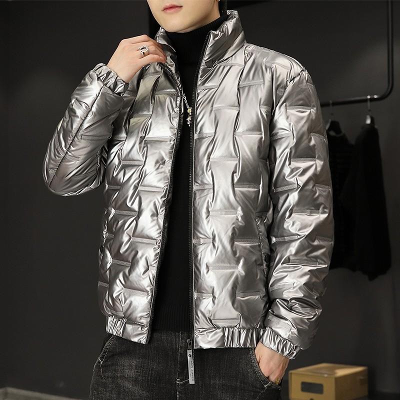 Men's Autumn and Winter Padded and Thickened Stand-up Collar Hoodless Plus Size Warm Jacket Bright Casual Outerwear