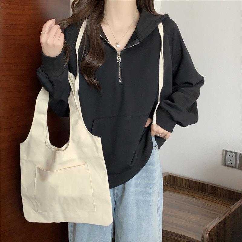 Women's Thin Half-Zip Hooded Sweatshirt - Loose Fit, Long Sleeve, Plus Velvet, Trendy Style for Spring, Autumn, Winter 2023