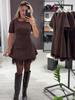 2025 European & American Women's Rhinestone Lace Trimmed Slim Dress, Round Neck & Short Sleeve