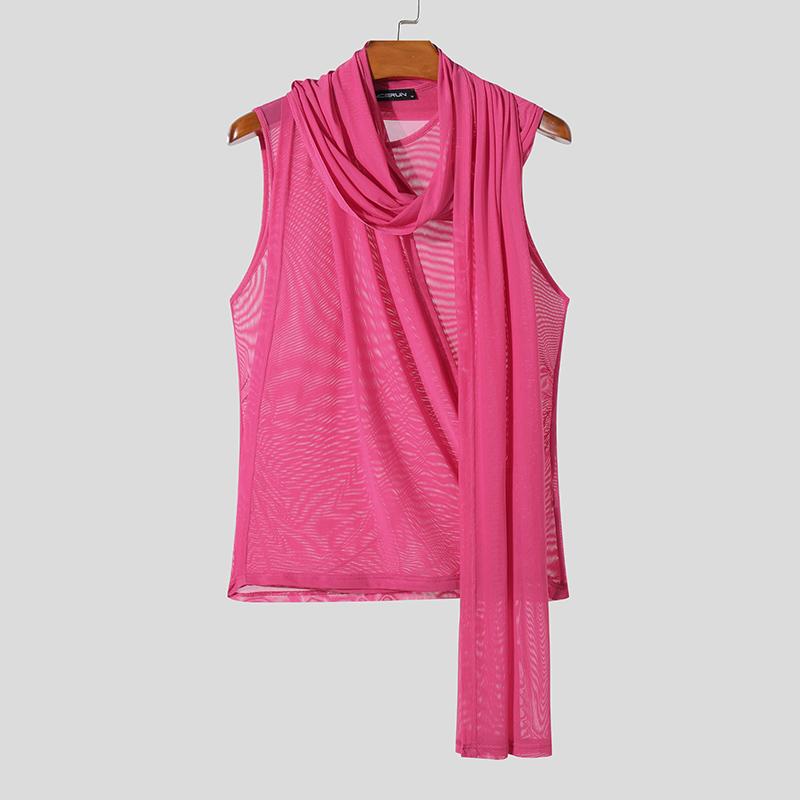 

INCERUN Men Bib Neck Sleeveless Mesh Sheer Tanks Party Club Ruffled Vest L рожевий