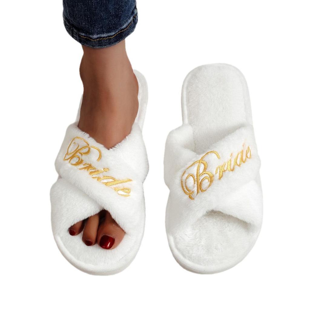 Women's Embroidered Plush Open-Toe Non-Slip Slippers for Indoor Use - Perfect for Spring/Autumn